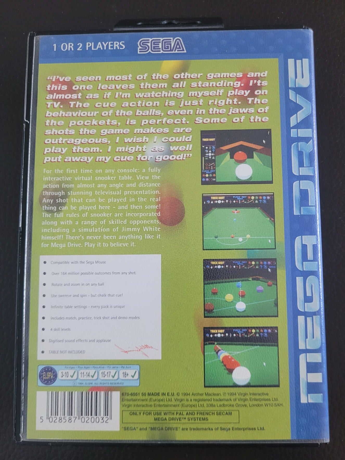 Sega Mega Drive Jimmy White's Whirlwind Snooker boxed with manual