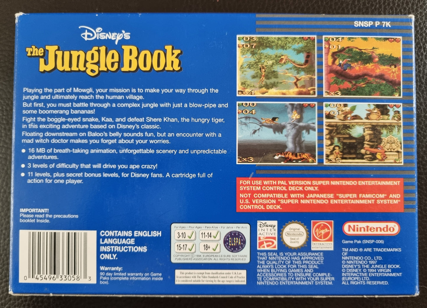 SNES The Jungle Book boxed with manual - rare blue box edition