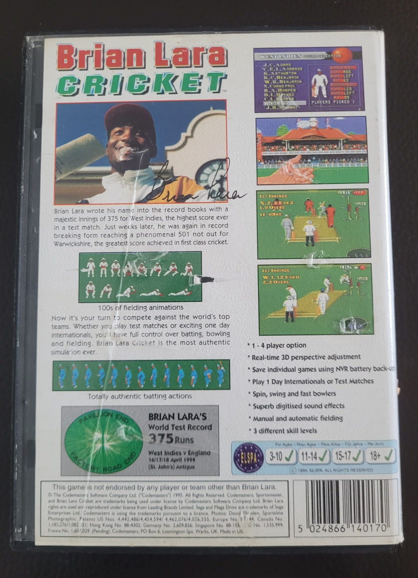 Sega Mega Drive Brian Lara Cricket boxed with manual